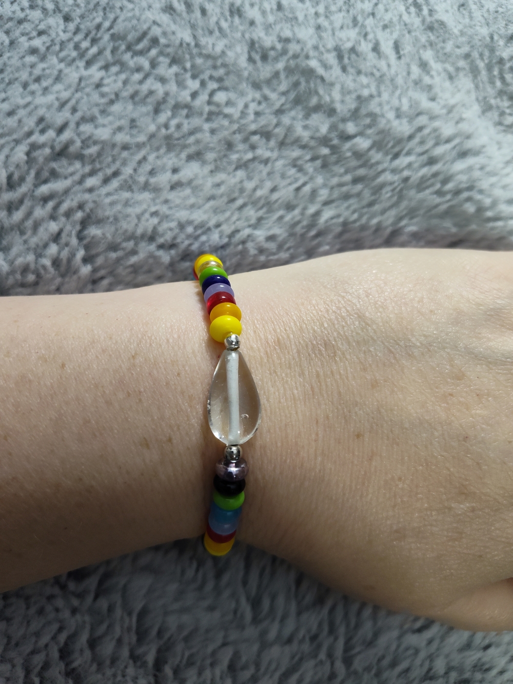 Hand Crafted Multicolor Beaded Bracelet with Clear Teardrop Accent